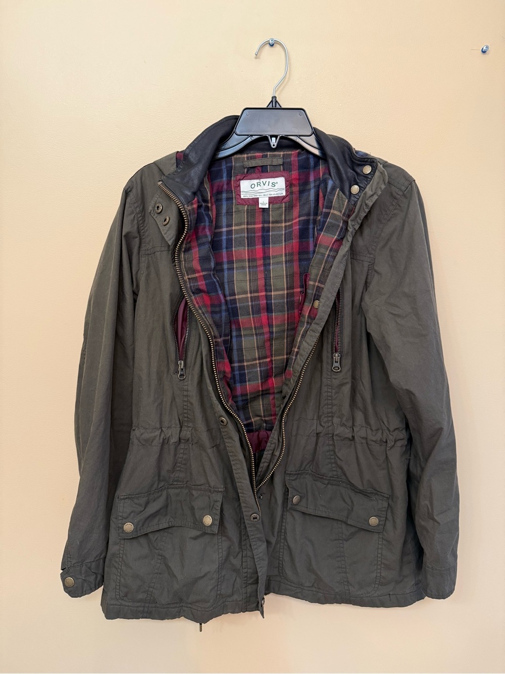 Orvis Plaid Flannel-Lined Jacket in Olive and Red Tones leather collar hood